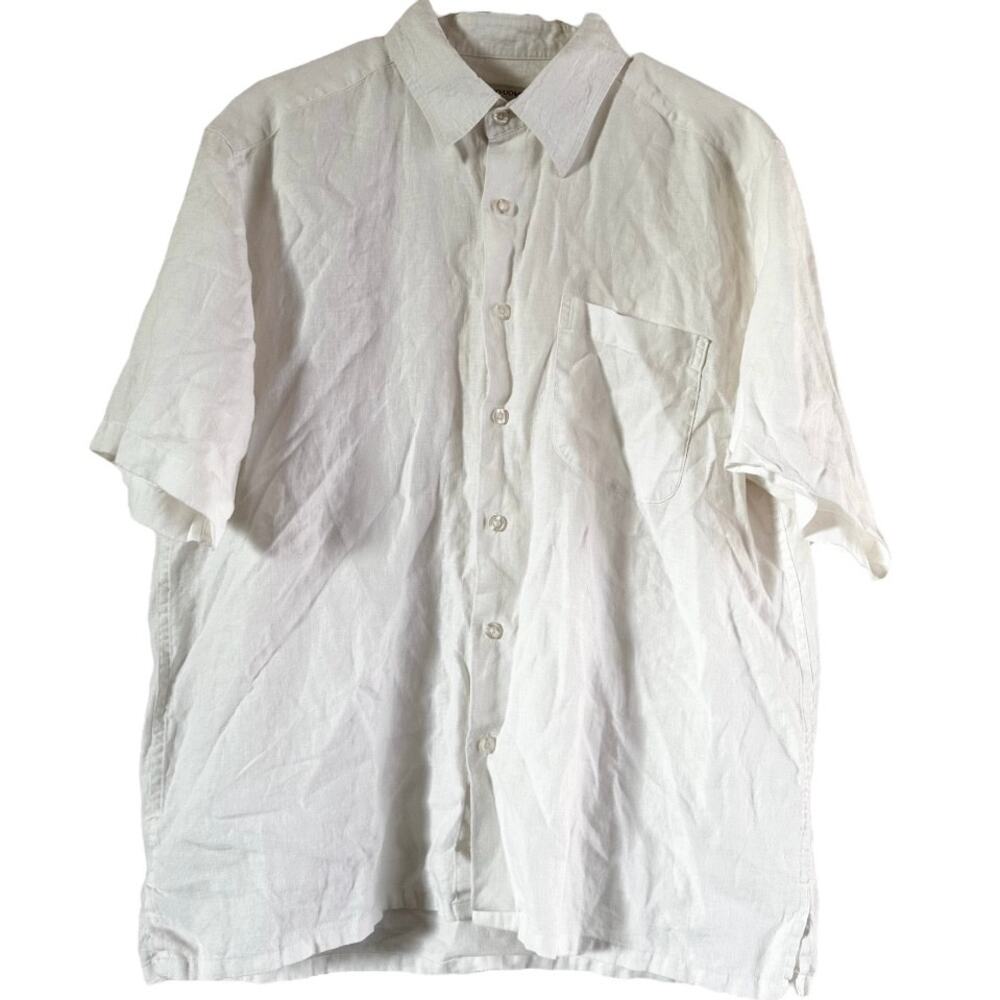 Pronto Uomo Button Down Shirt Short Sleeve Chest Pocket 100% Linen White Large
